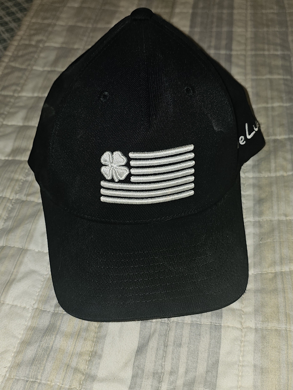 Black Baseball Cap with White Flag & Clover Embroidery